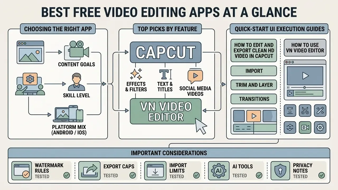Summary infographic highlighting CapCut and VN Video Editor features alongside quick-start editing guides