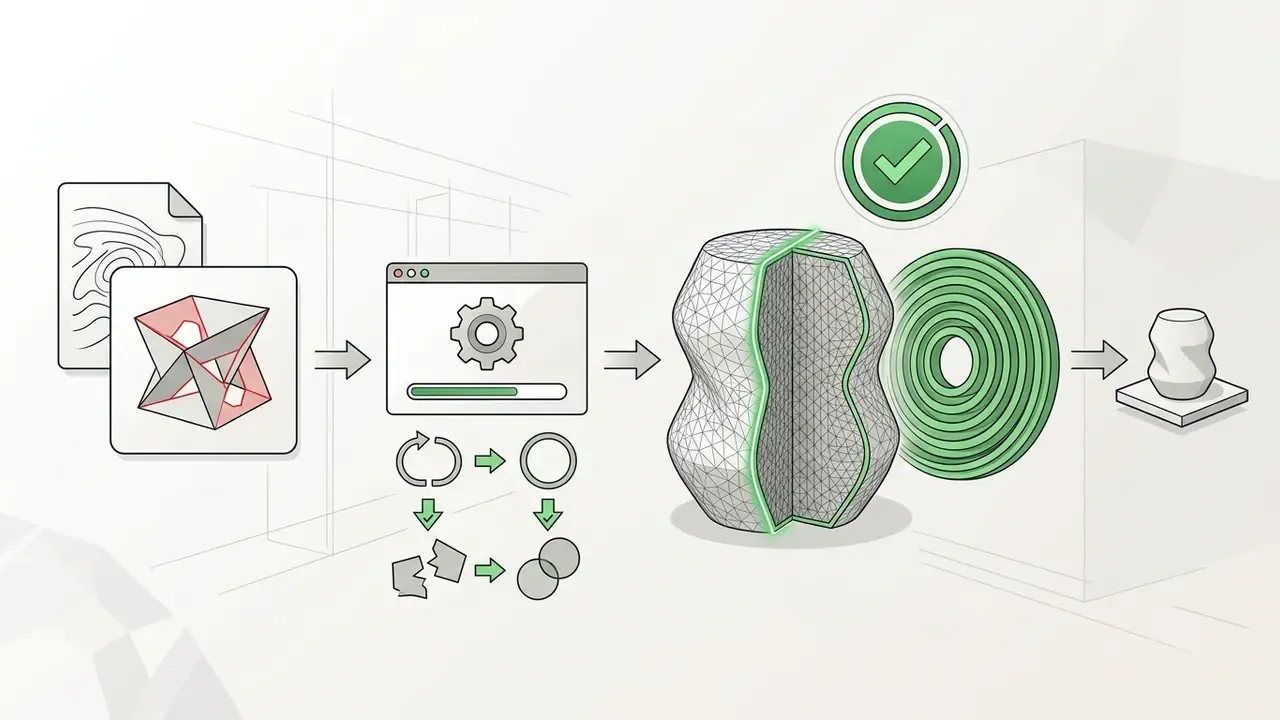Geometric mesh validation process showing error correction and successful slicing for 3D printing