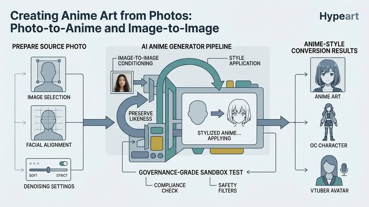Diagram showing the transformation of source photos into stylized characters through an AI pipeline