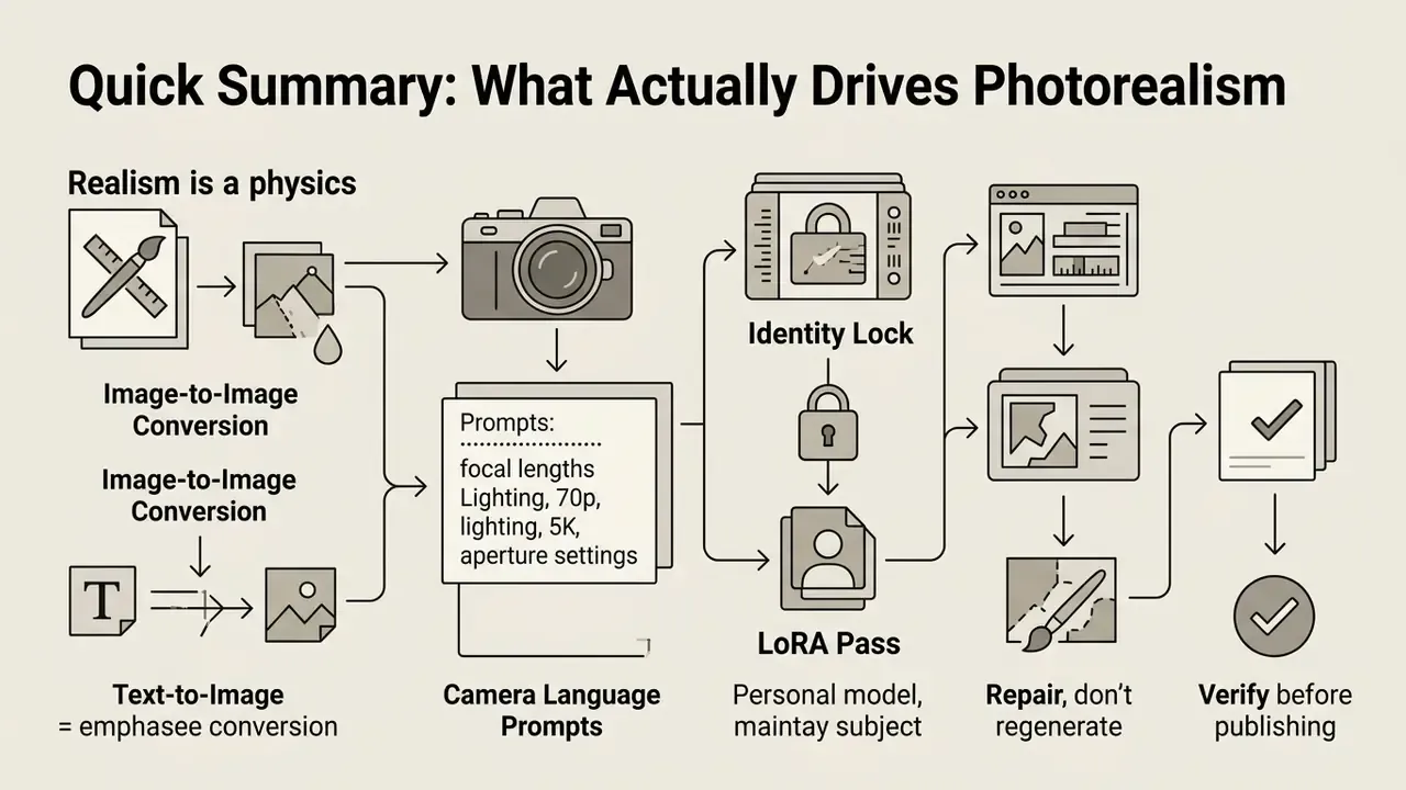Flowchart showing steps to make AI photo more realistic through camera prompts and iterative editing