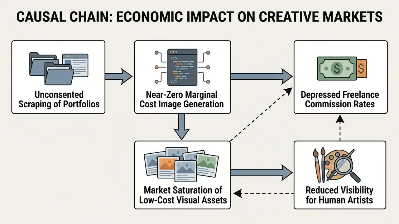Flowchart showing how scraping portfolios leads to market saturation and reduced income for human artists