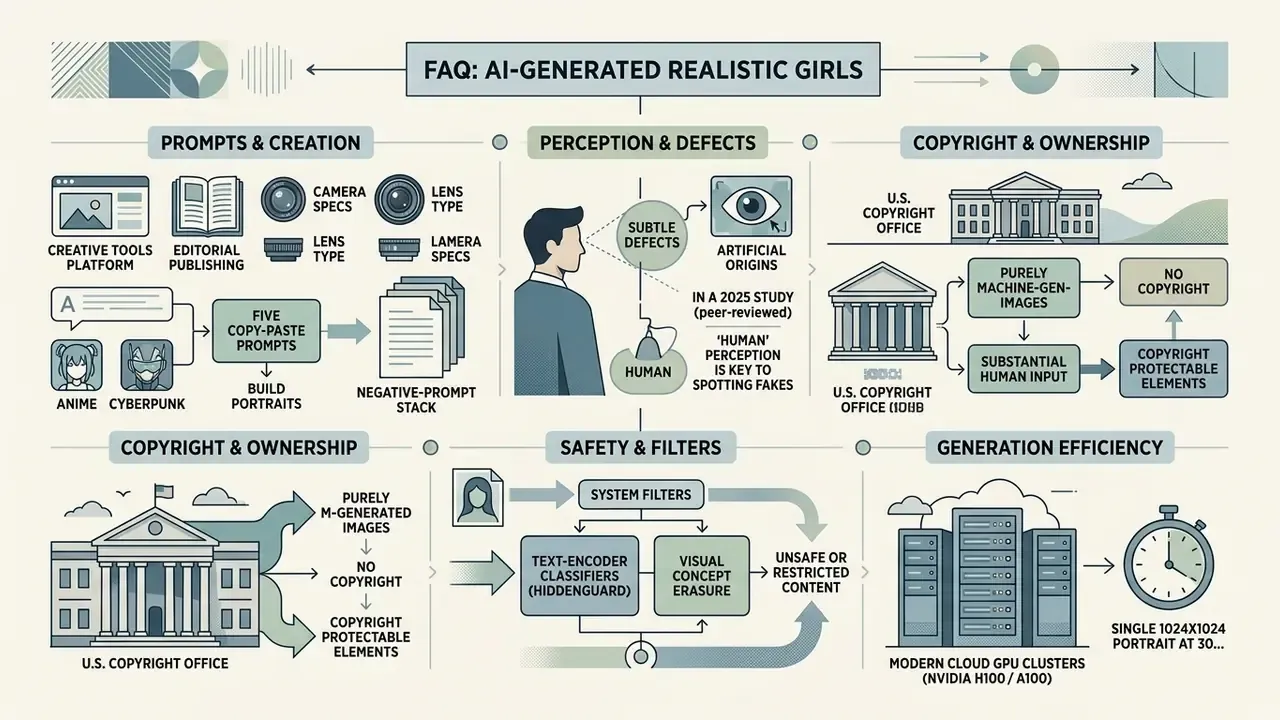 Diagram summarizing legal, technical, and perceptual aspects of generating hyper realistic AI girl images