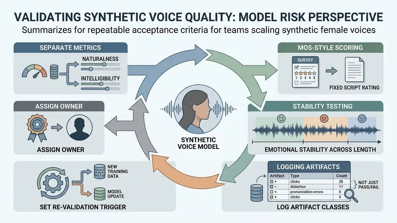 Circular workflow diagram for evaluating synthetic voice quality through metrics, scoring, and testing