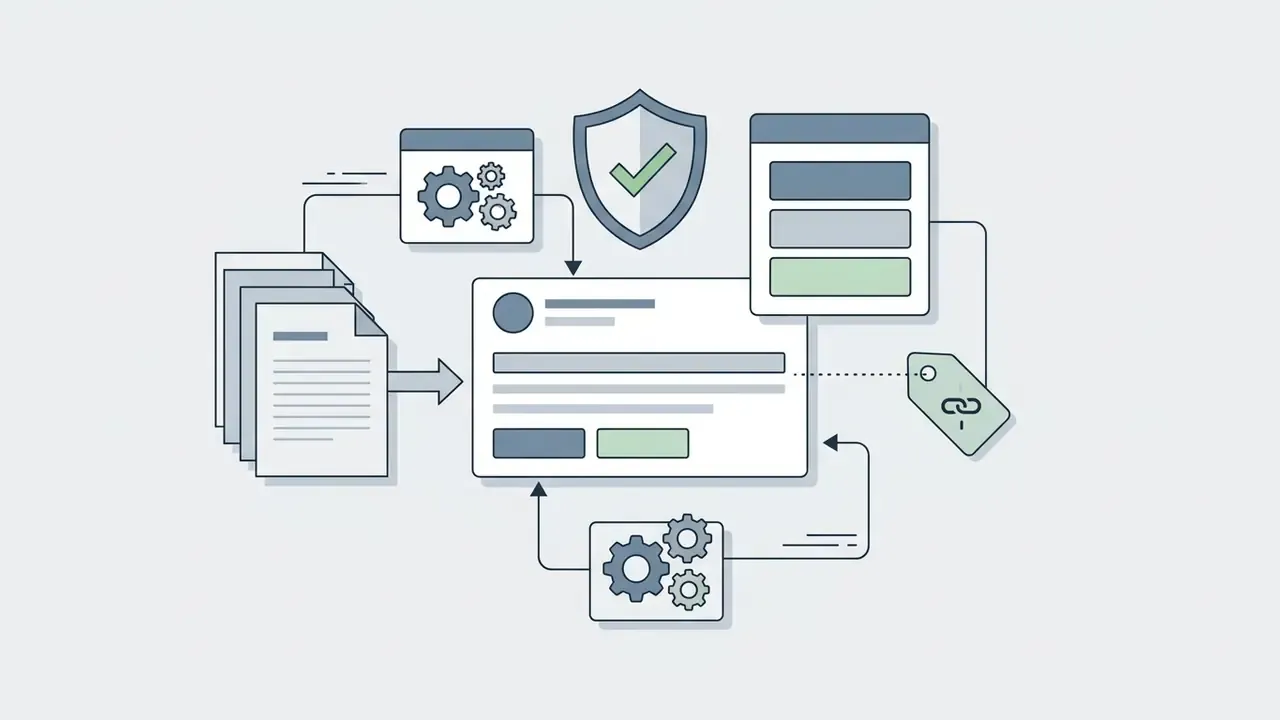 Documents feeding into a central interface with gears, a shield icon, and a linked tag for social posts