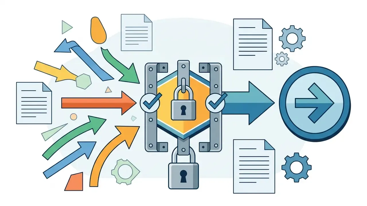 Multiple arrows and document icons converging into a locked central mechanism pointing to a call to action