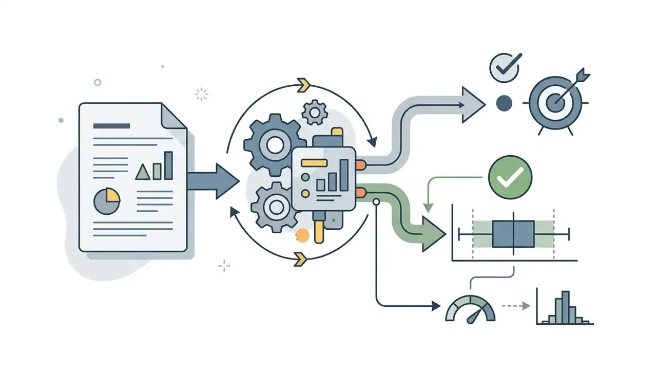 Document data feeding into a gear-driven processing engine that outputs to targets and statistical charts