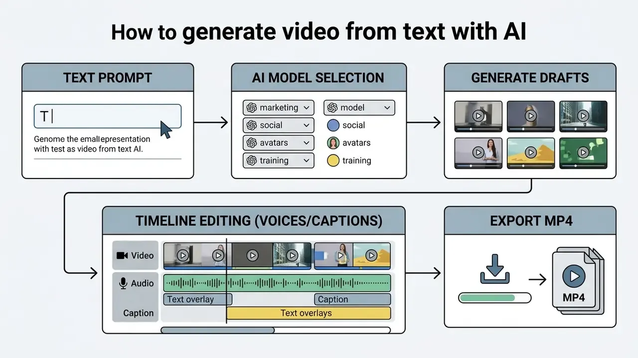 Flowchart showing the steps to generate video from text with AI, from initial prompt to final MP4 export