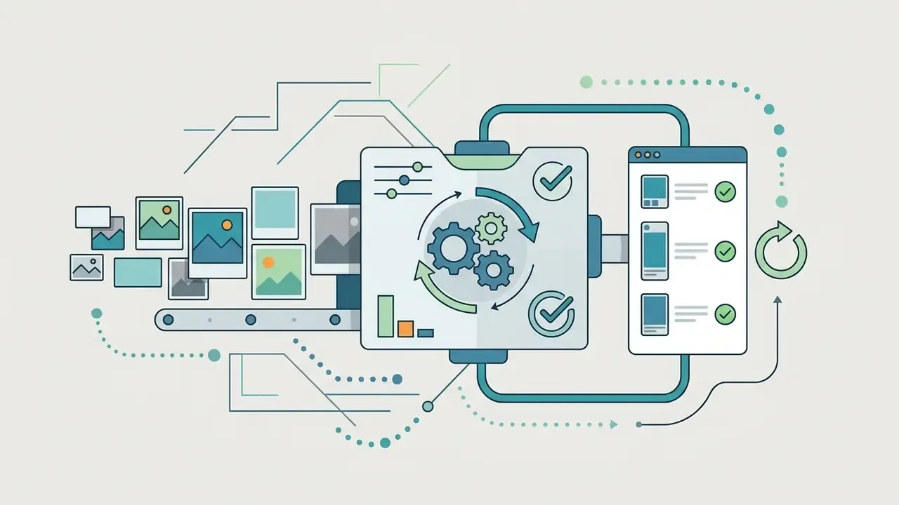 Digital assembly line processing raw images through a central editing hub into formatted social posts