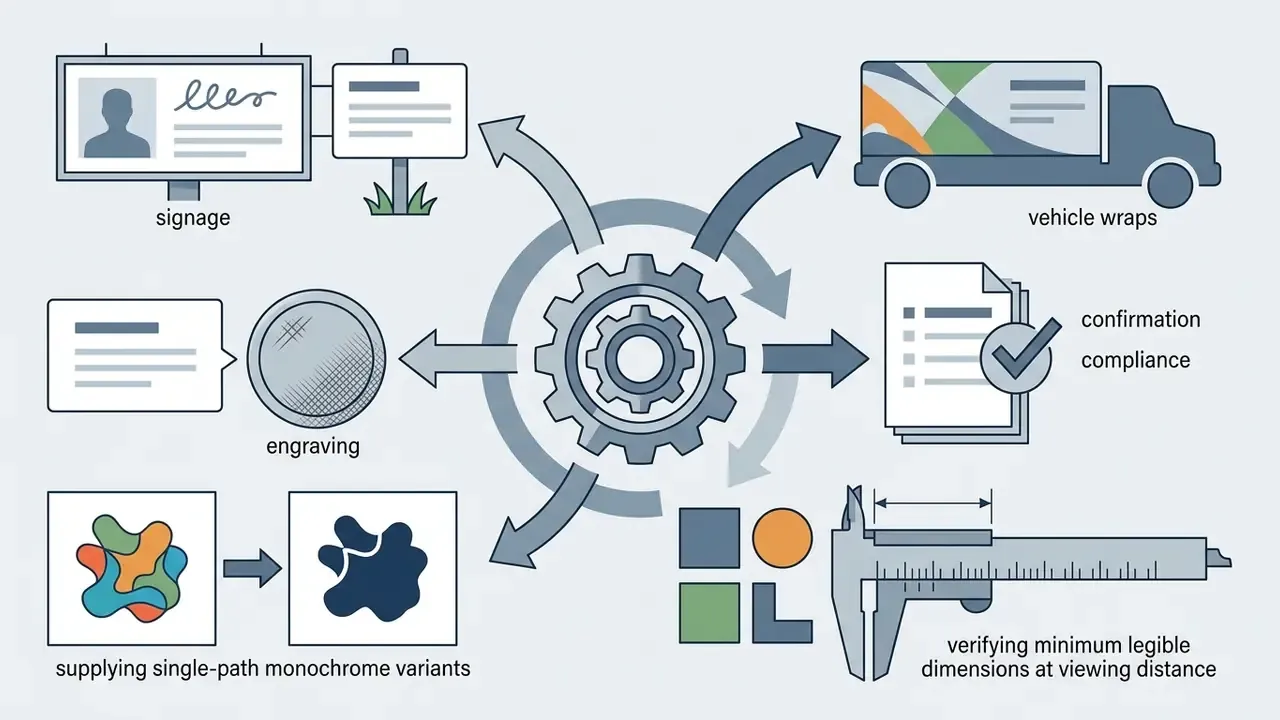 Central gear diagram connecting signage, vehicle wraps, engraving, and file dimension verification