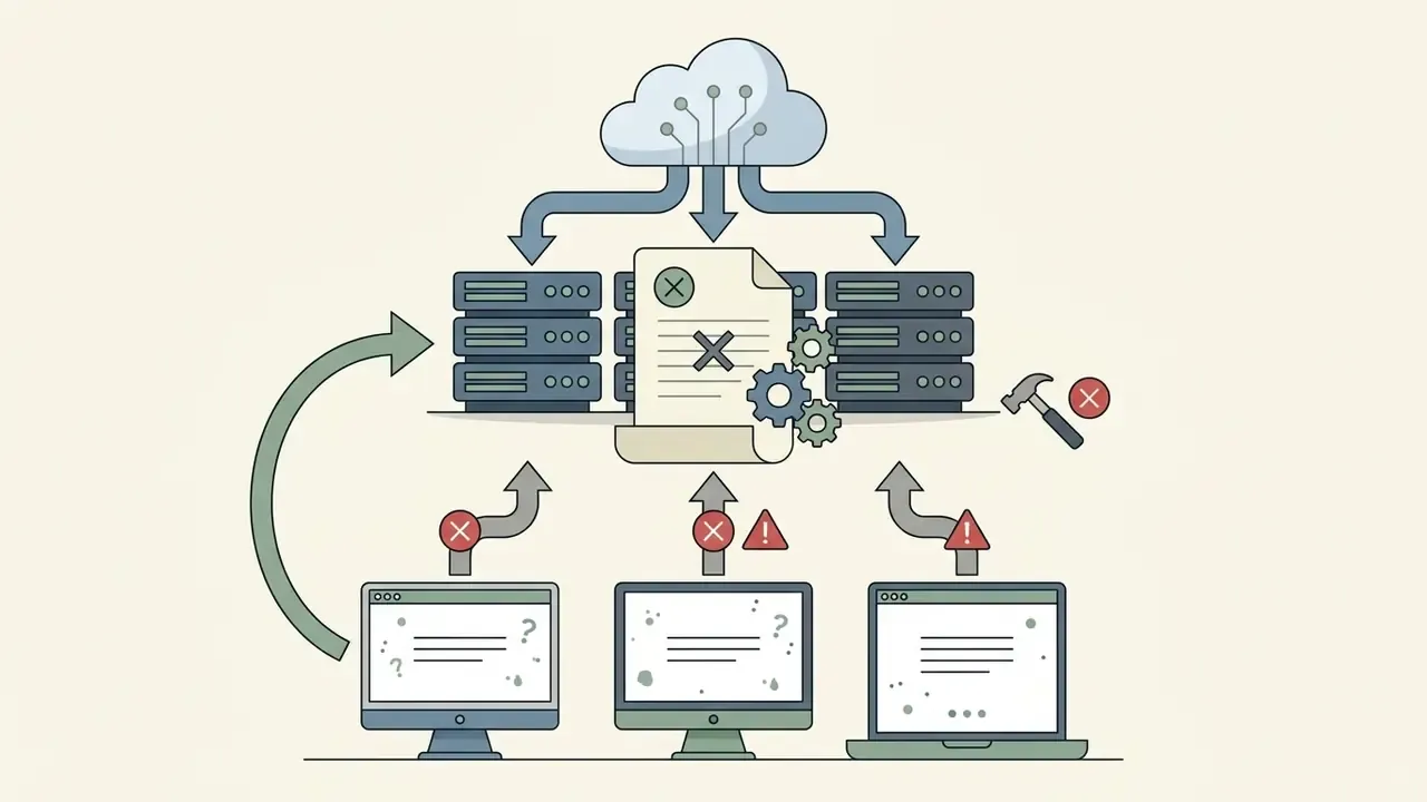 Cloud server nodes processing documents with gears and error symbols connected to computer terminals