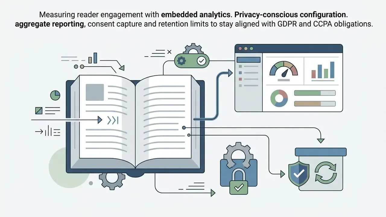 Open book connecting to an analytics dashboard and a secure data processing box with privacy icons
