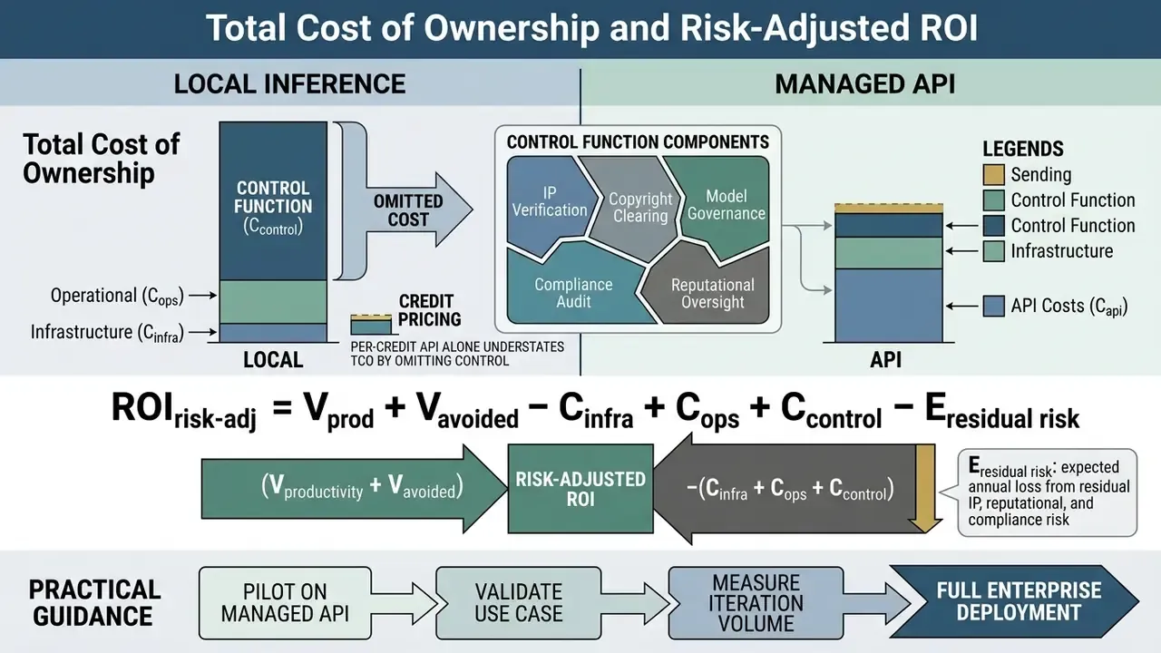 Infographic comparing costs and risk-adjusted ROI for local Stable Diffusion hosting versus managed API