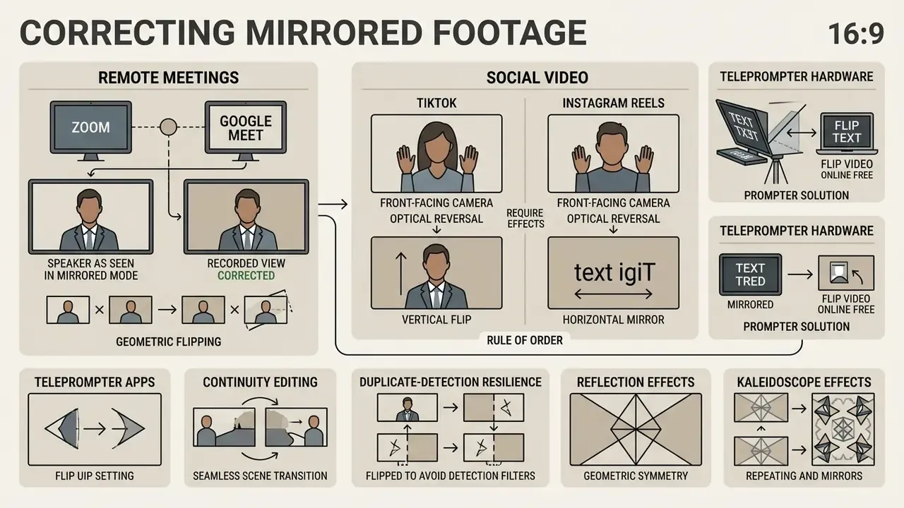 Diagram detailing geometric flipping techniques for remote meeting and social media video correction