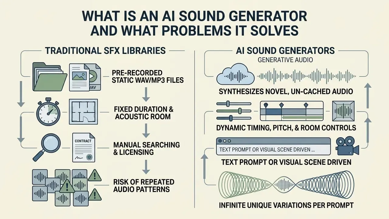Comparison chart showing differences between traditional static sound libraries and dynamic AI sound generators