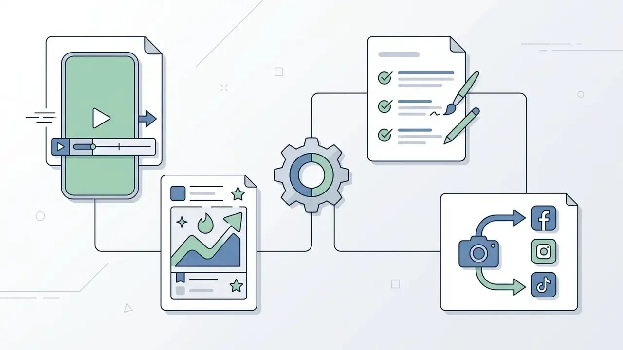 Workflow showing vertical video rendering, template editing, and direct social media publishing tools