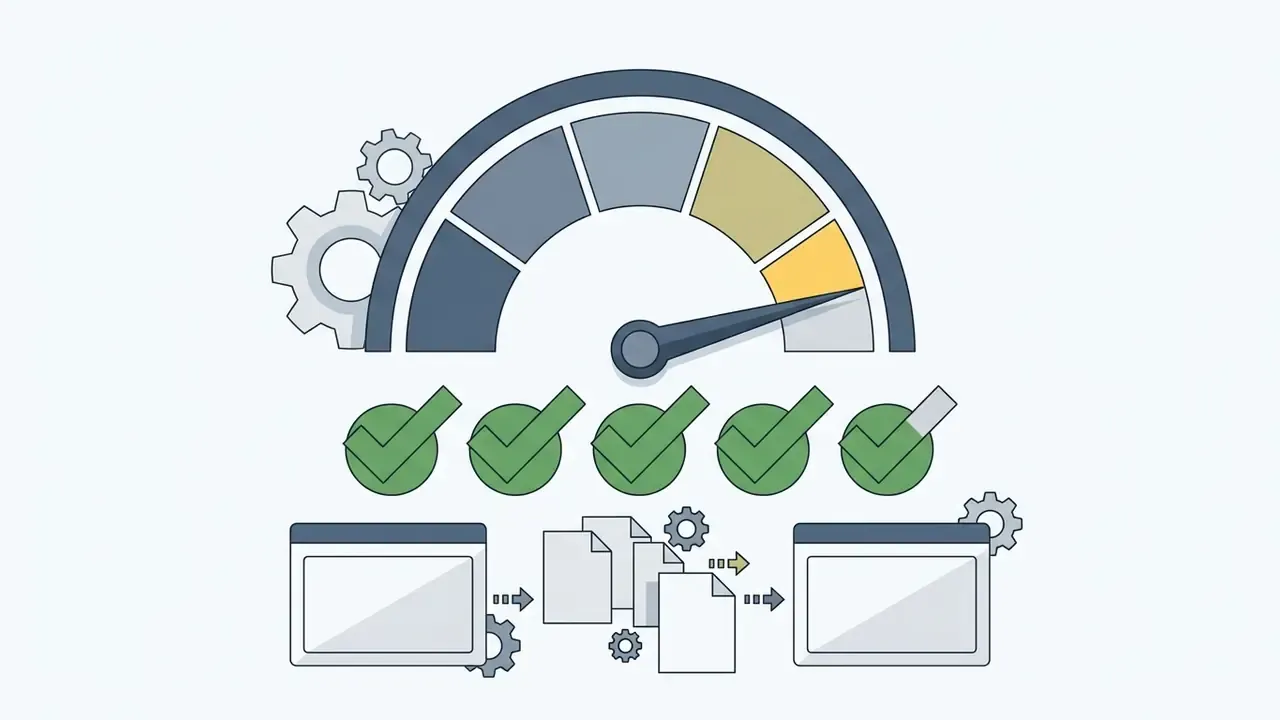 Documents moving through a gear system to a satisfaction gauge and five green checkmarks