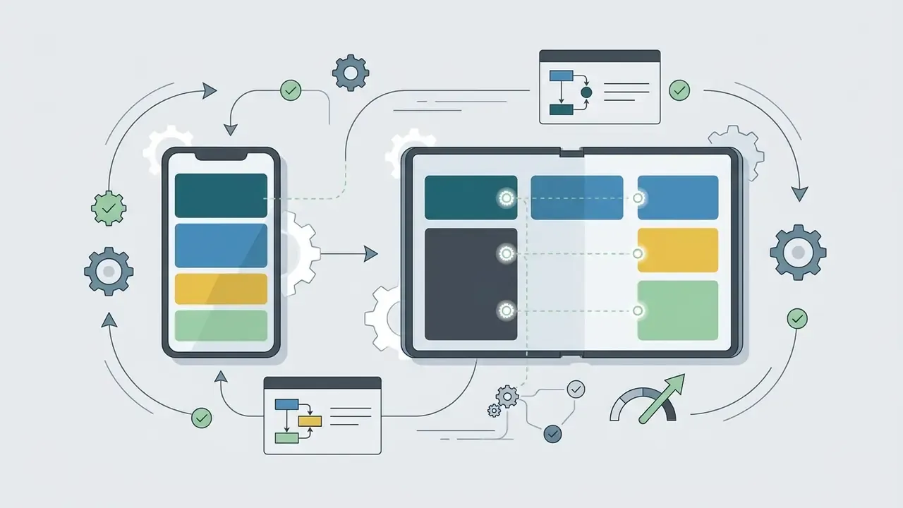 Mobile phone and tablet screens connected by flow lines and gears showing responsive UI adaptation