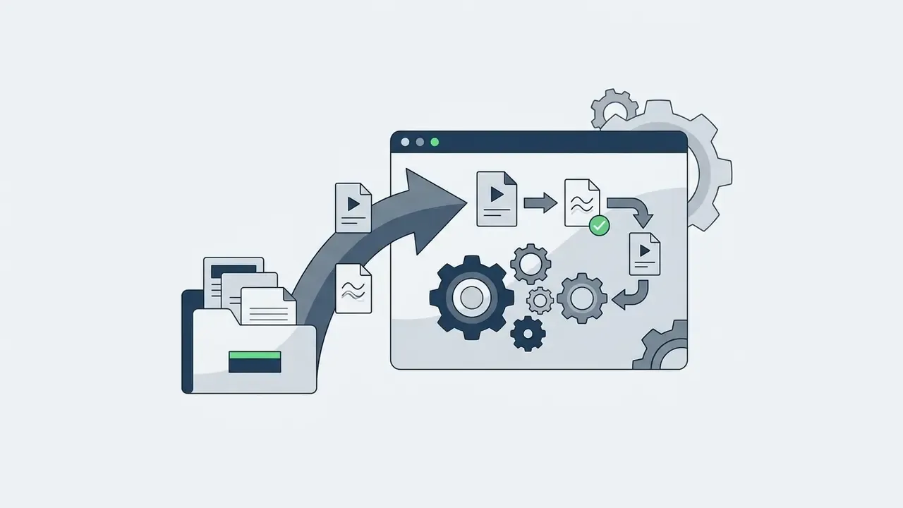 File folder uploading video and document icons into a browser window for automated processing