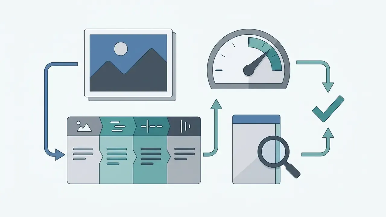 Cycle of icons representing photo input, a four-step workflow, speed gauge, and document inspection