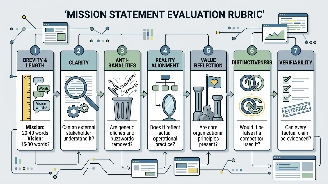 Seven sequential steps for evaluating organizational statements using icons and descriptive questions