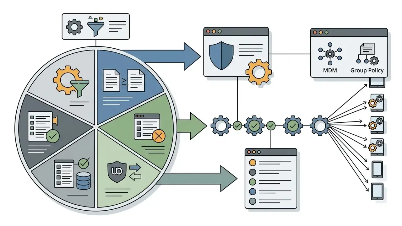 Circular chart showing filtering methods flowing into MDM and Group Policy settings for team deployment