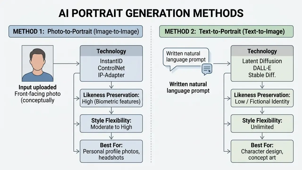 Comparison chart showing photo-to-portrait and text-to-portrait AI generation methods and technologies