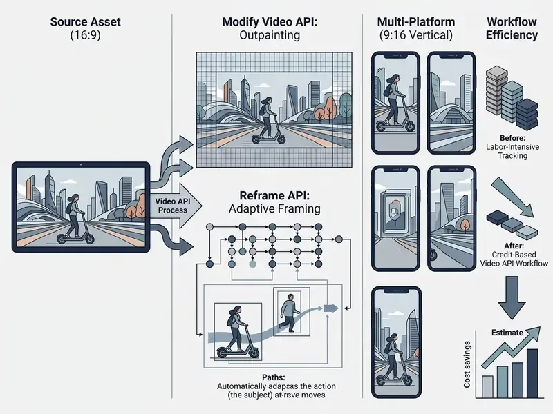 Workflow showing a 16:9 video master converted to 9:16 vertical assets using Modify Video API and Reframe API