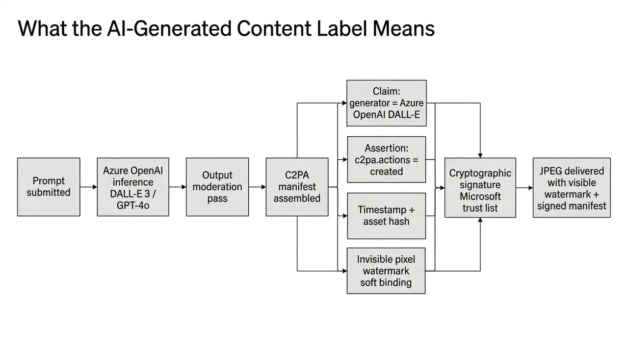 Flowchart illustrating the C2PA manifest assembly and cryptographic signing process for AI-generated images