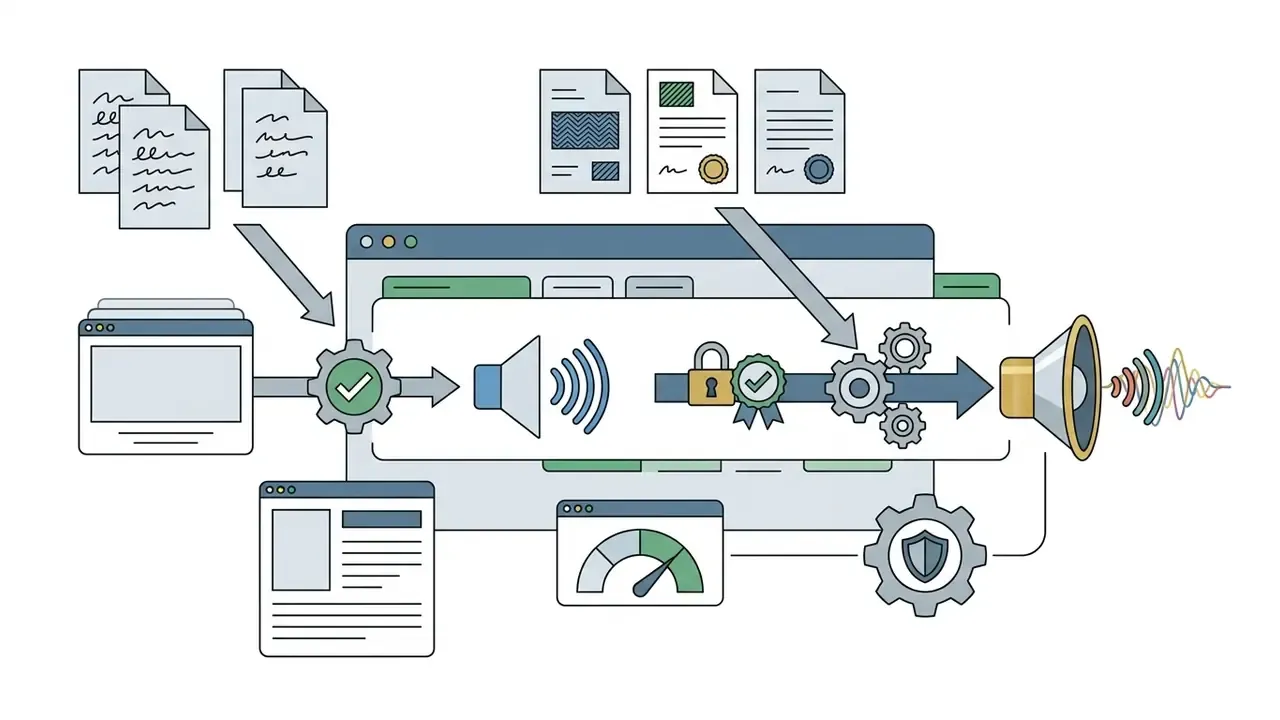 Files and documents flowing through a gated processing system with security locks and audio output icons