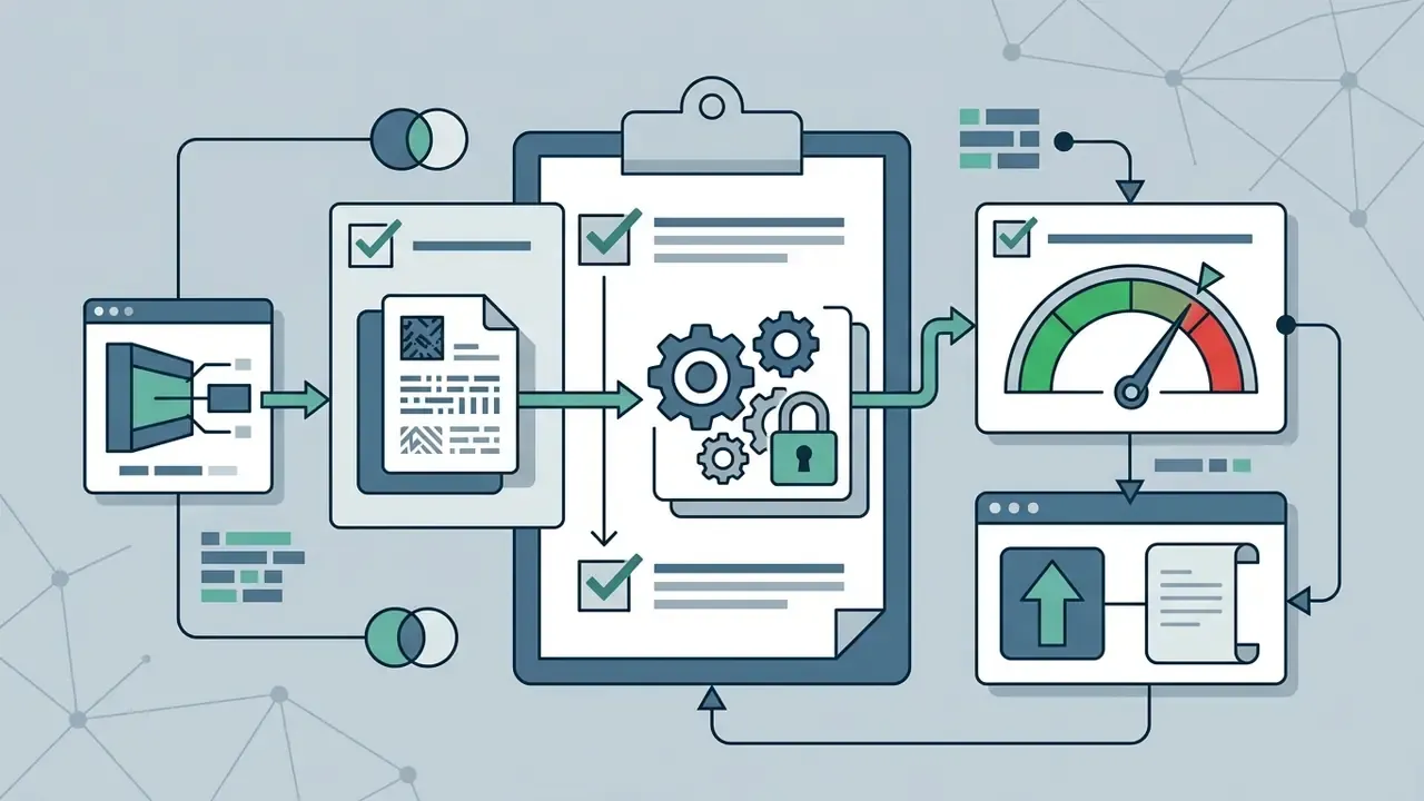 Document processing pipeline with a clipboard, gears, padlock, and a gauge assessing performance metrics