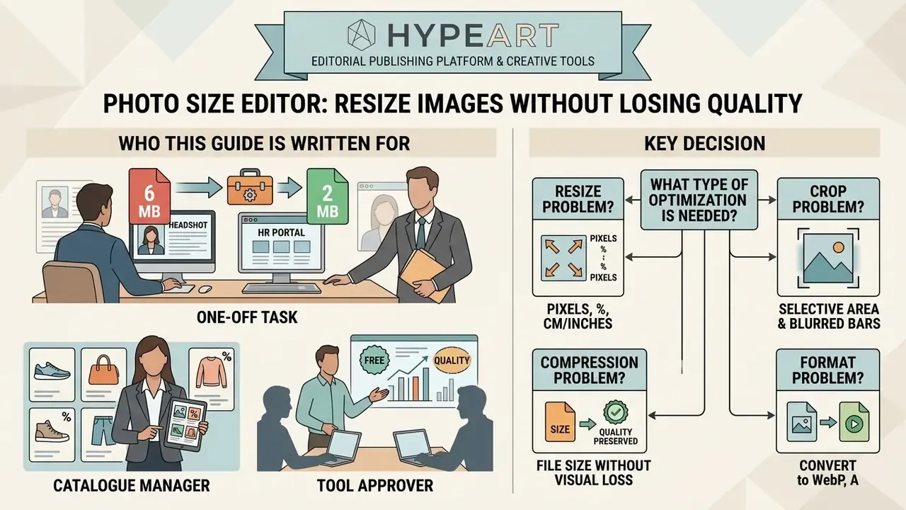 Infographic showing user types and a decision tree for choosing the right photo size editor tool