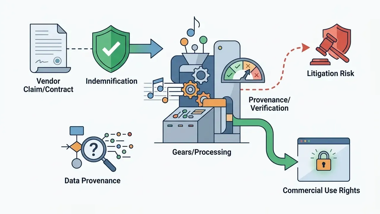 Processing machine linking vendor contracts and data verification to litigation risks and usage rights