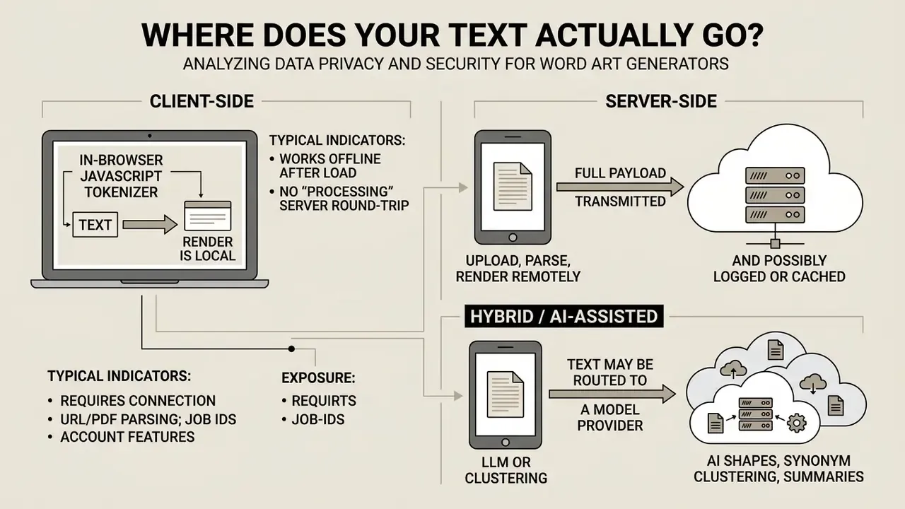Diagram comparing client-side, server-side, and hybrid architectures for processing text data