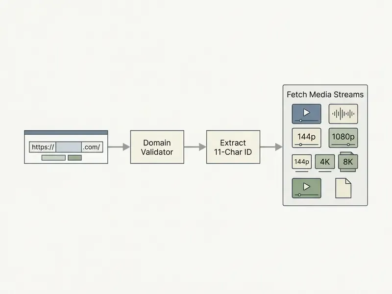 Process diagram showing URL input validation, ID extraction, and fetching available media stream formats