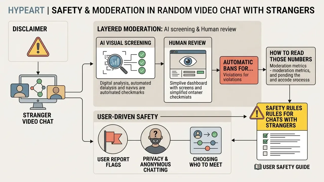 Flowchart outlining AI screening, human review, and user-driven safety protocols for anonymous connections