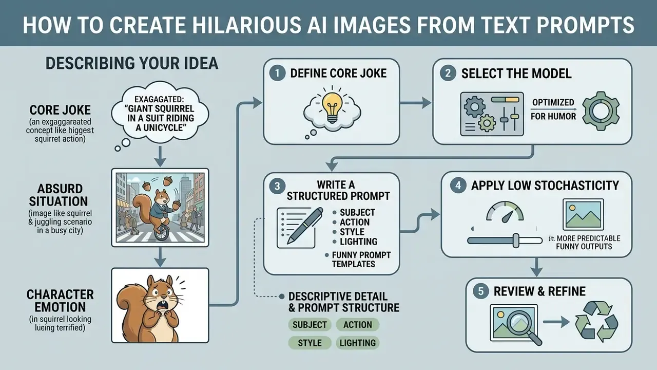 Flowchart outlining the five steps to create funny AI images using structured text prompts