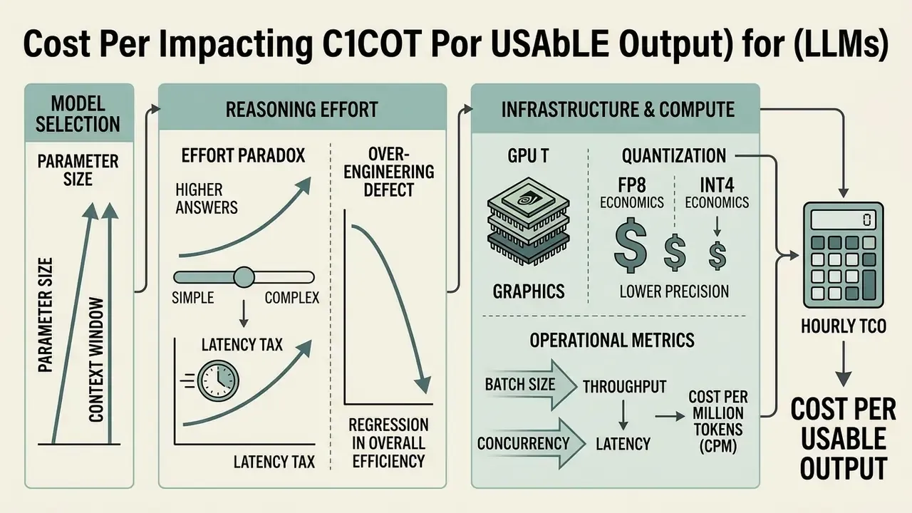 Conceptual model showing how reasoning effort and infrastructure metrics influence total output costs