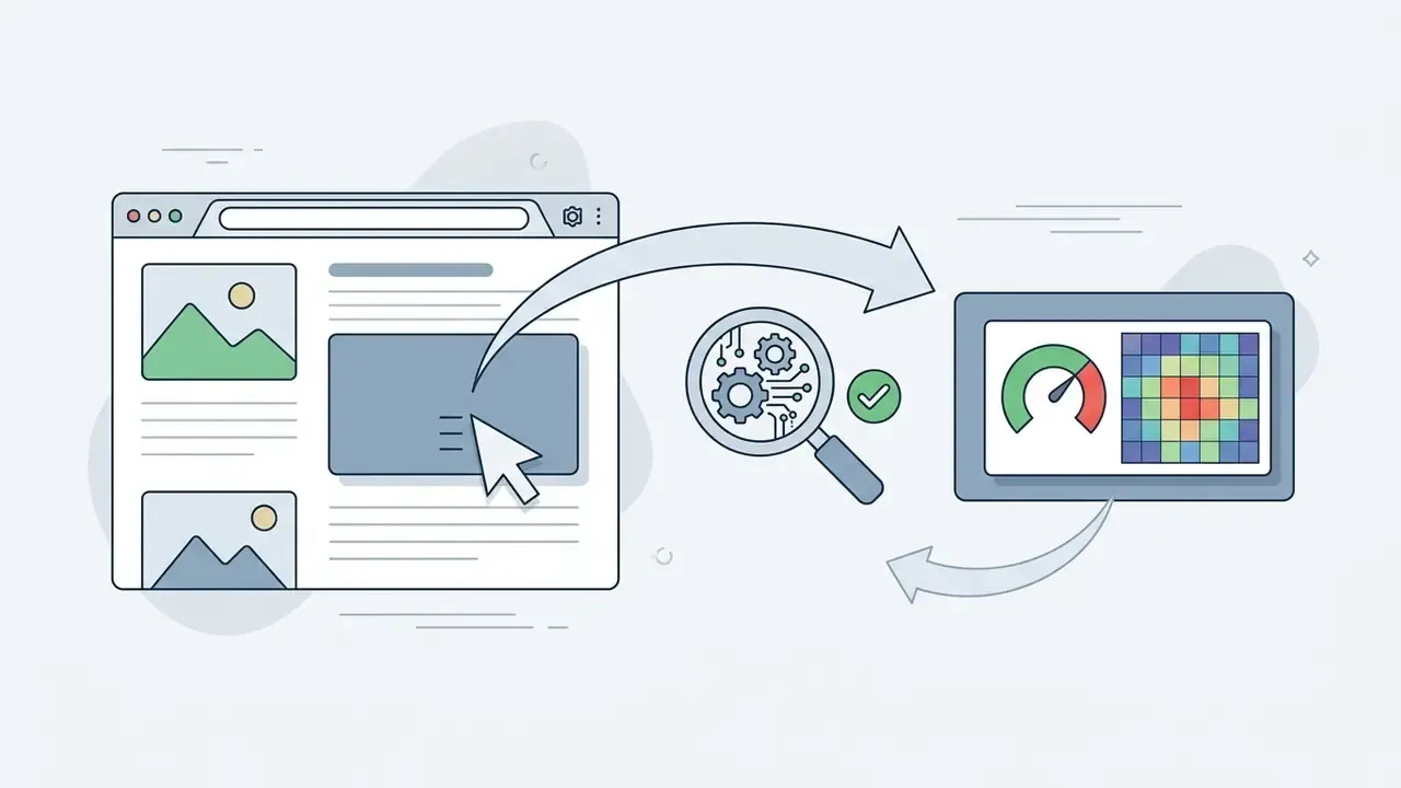 Cursor selecting a web element to trigger a magnifying glass analysis and display a results dashboard