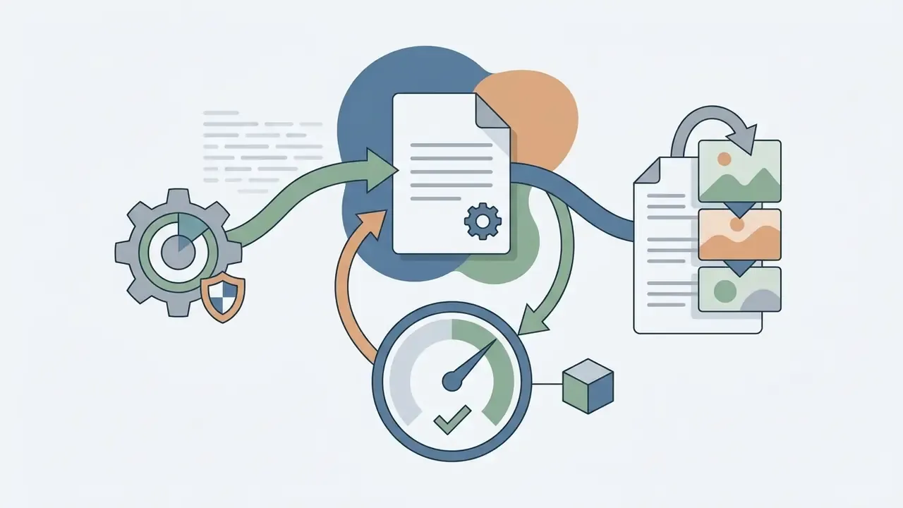 Gear and shield icon connecting a document to a gauge and image stack for provenance verification