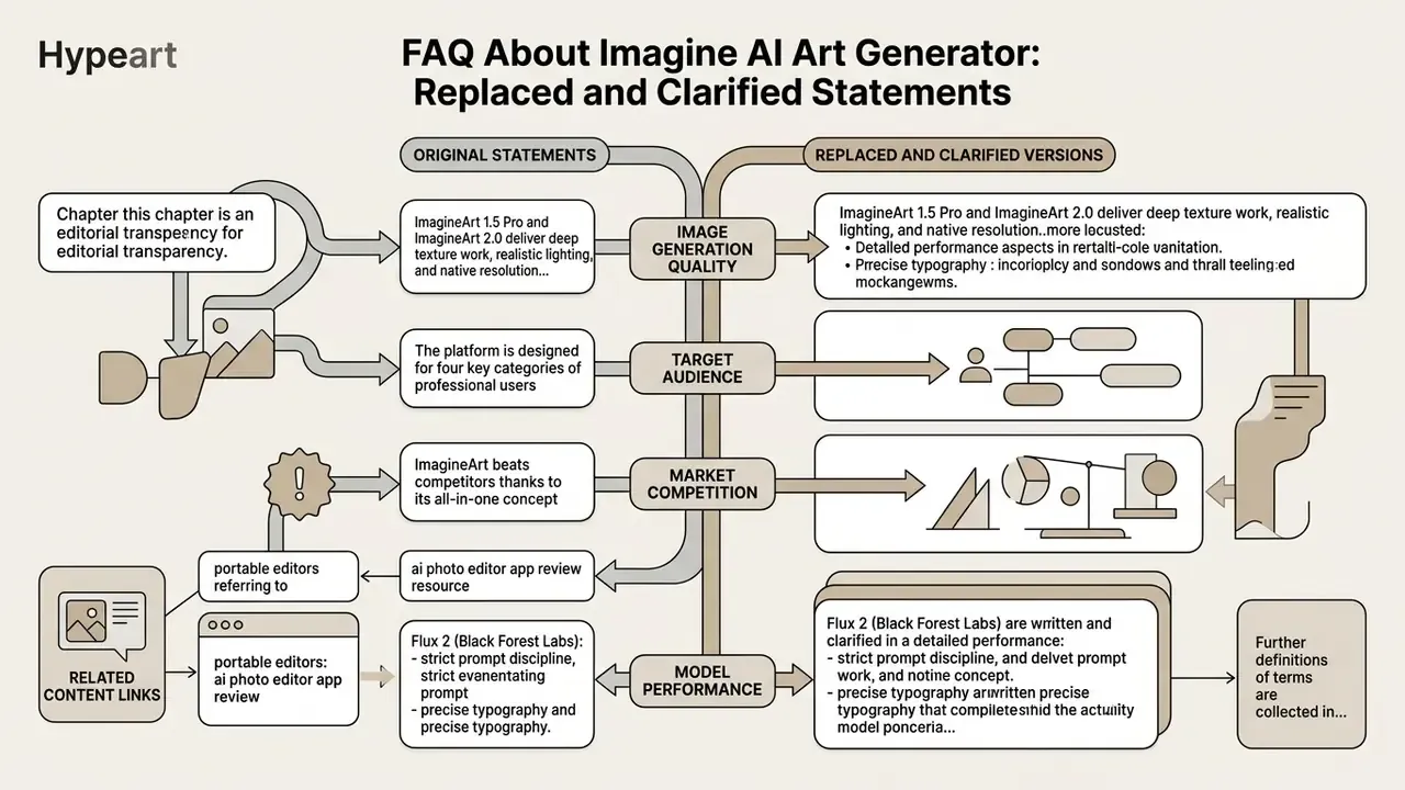 Flowchart comparing original and clarified statements regarding Imagine AI Art Generator features
