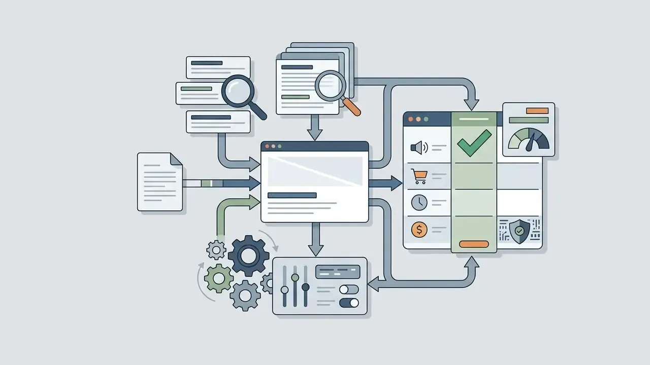 Documents and research inputs feeding into a central analysis hub with settings and performance metrics