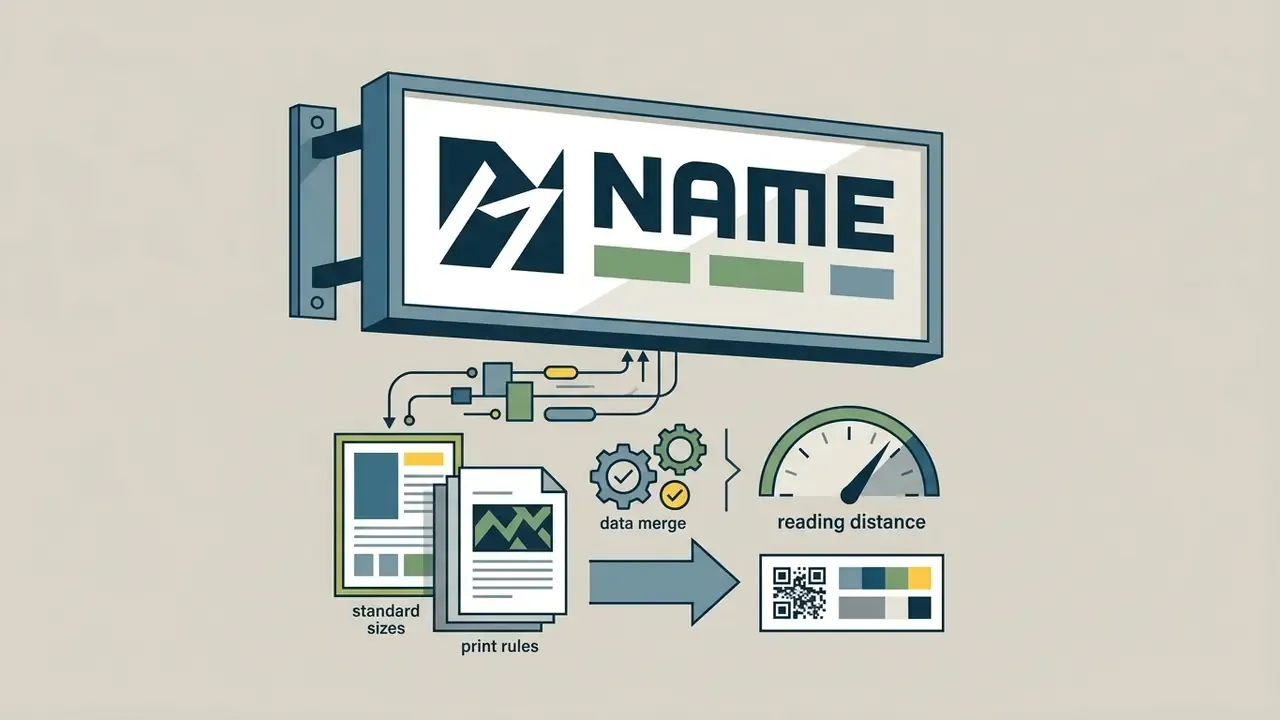 Wall mounted business sign connected to icons for print rules, data merge, and reading distance gauge