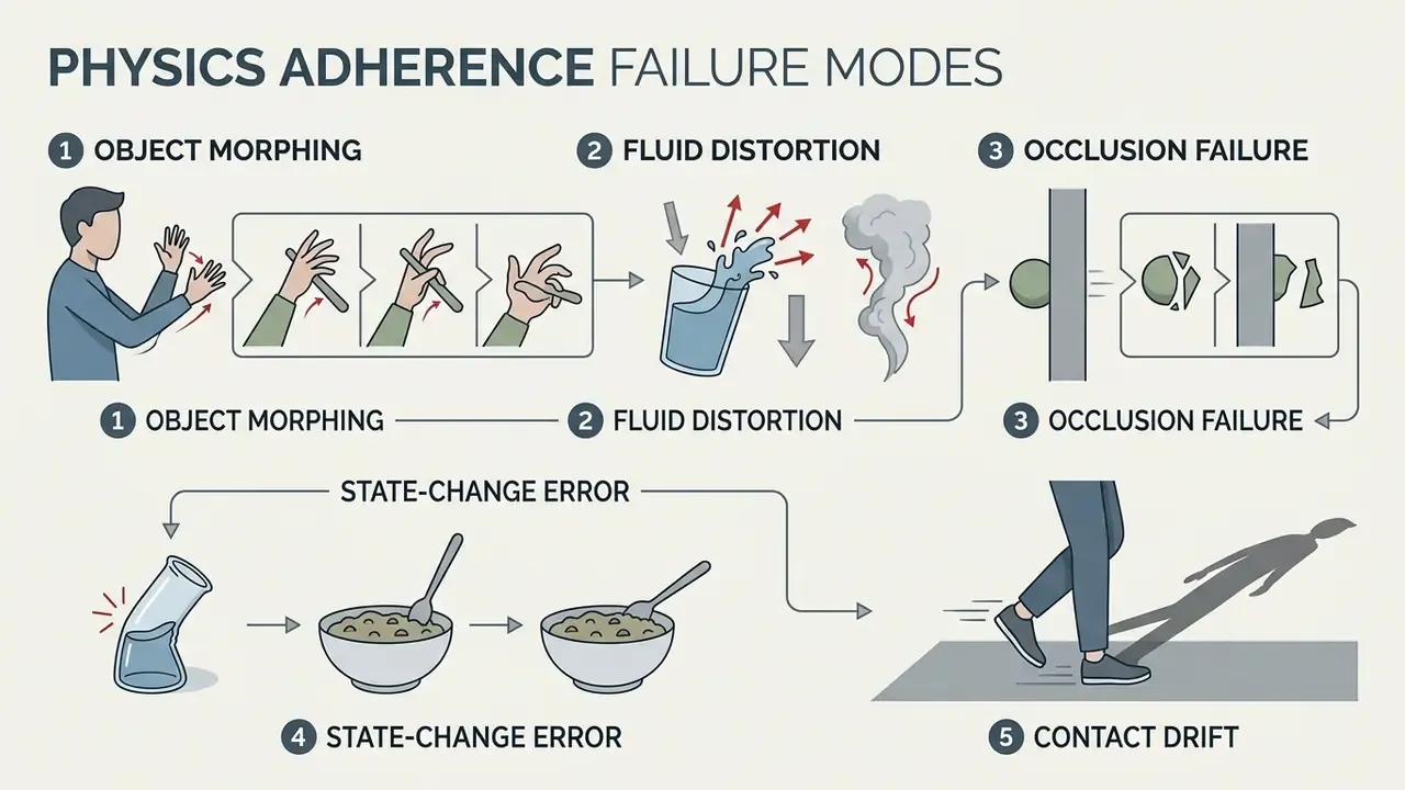 Diagram illustrating five common physics errors in video generation including morphing and contact drift