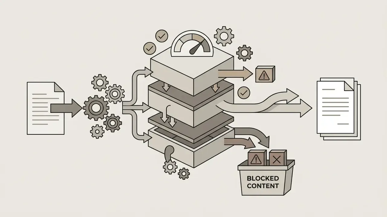 Data passing through layered filters to separate approved output from blocked content in a bin