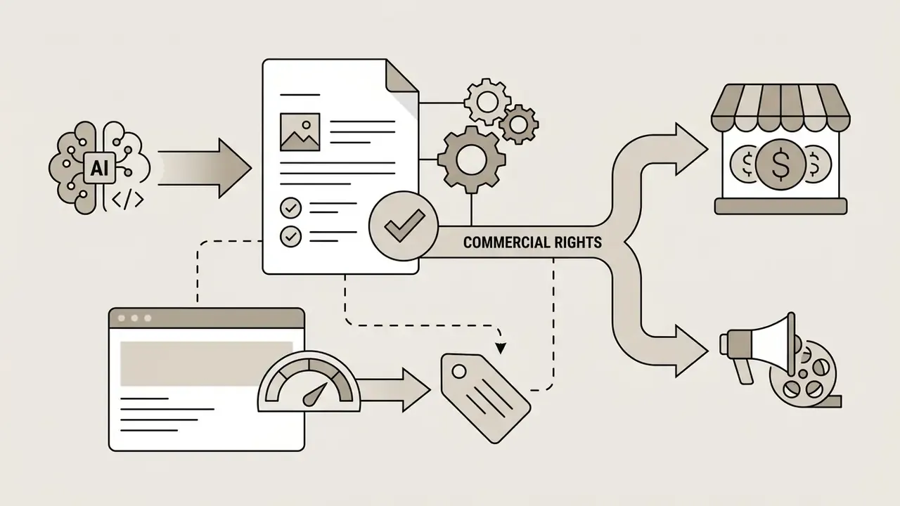 AI brain icon leading to a document with a checkmark that branches into commercial sales and media production