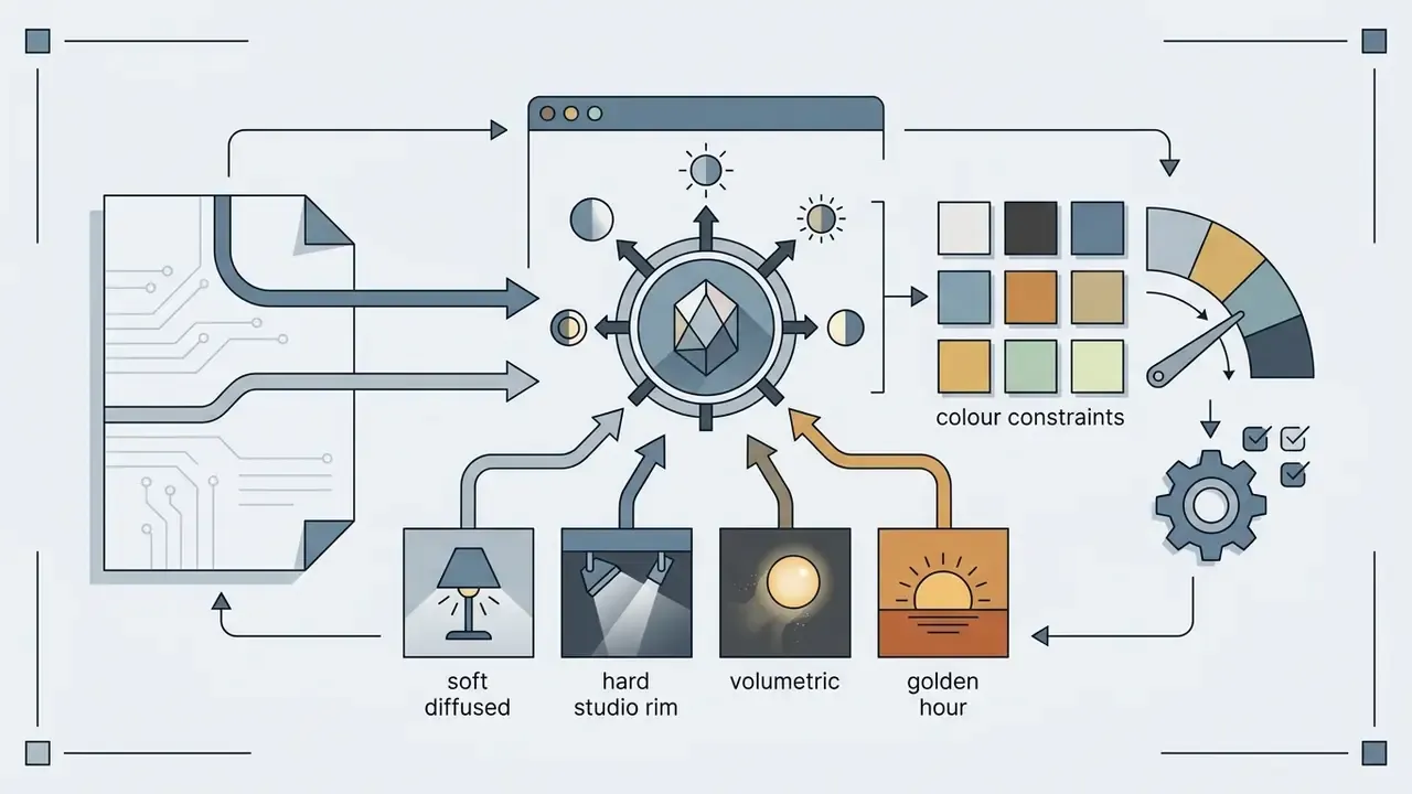 System of icons showing how lighting types and color palettes influence DALL-E AI image generator outputs
