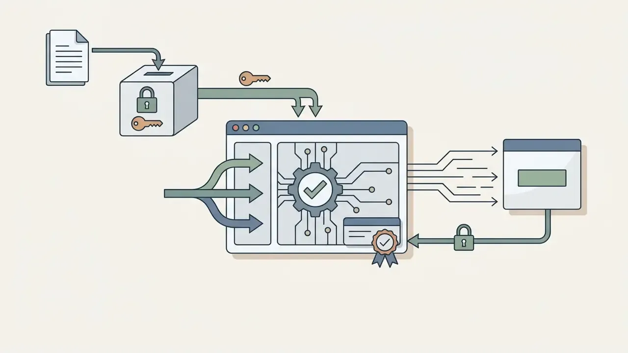 Diagram showing document credentials moving through a secure vault to authorize API sandbox connections