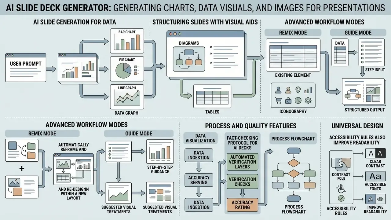 Infographic detailing workflows for data visualization, quality verification, and universal design