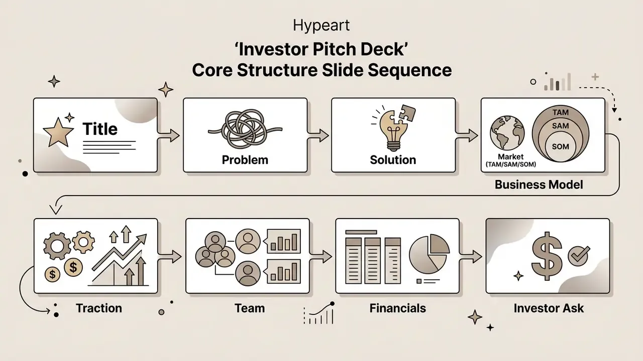 Sequential flow diagram outlining the essential slide progression for a professional startup presentation