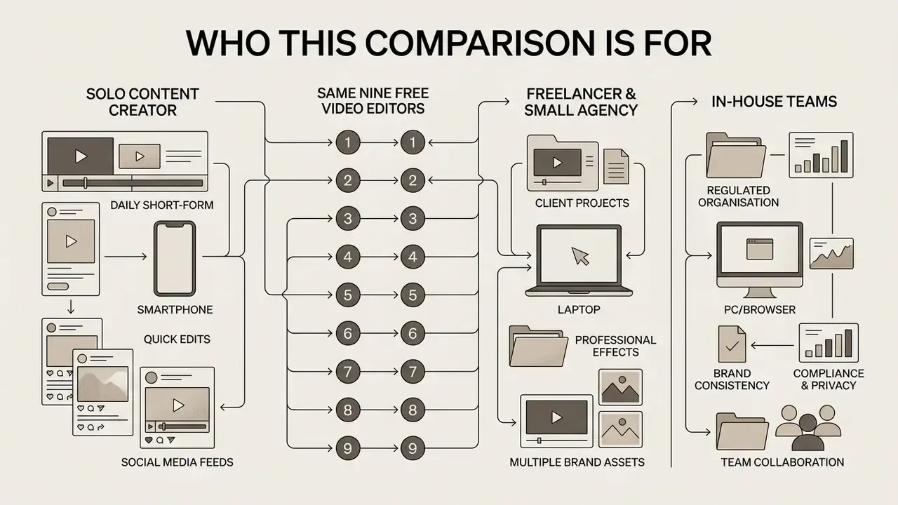Flowchart showing how different user types utilize the same nine free video editors for various workflows